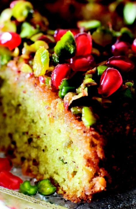 Pistachio and Lime Syrup Cake with Pomegranate Seeds