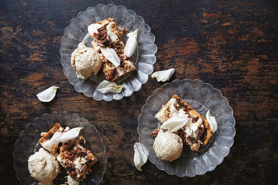 Rhubarb & rose meringue tart