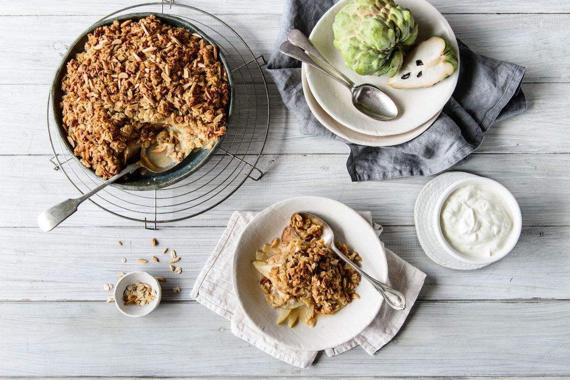Custard apple and pear crumble