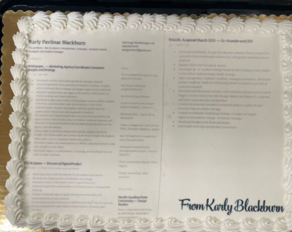 Resume printed out and affixed to a sheet cake (resume)