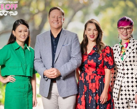 Left to right, the new judges of the Great Australian Bake Off: Natalie Tran, Darren Purchese, Rachel Khoo and Cal Wilson. Top left is a logo for the show. (Great Australian Bake Off)