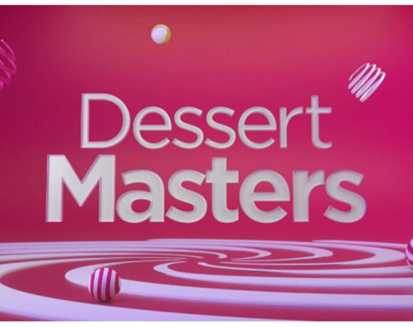 The words "Dessert Masters" appear on a psychedelic hot pink background with striped bonbons in the background (Dessert Masters)