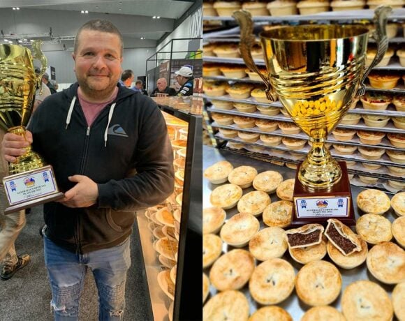 Adrian Caporetto holding a trophy intercut with the trophy sitting in amongst a bunch of meat pies
