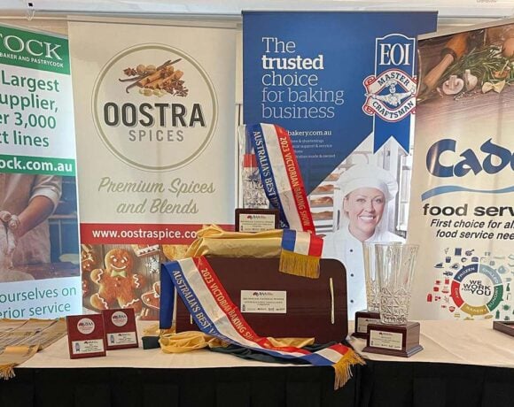 All of the trophies and sponsor posters for the Victorian Baking Show 2023