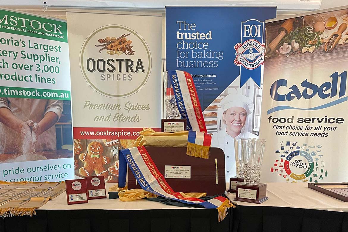 All of the trophies and sponsor posters for the Victorian Baking Show 2023