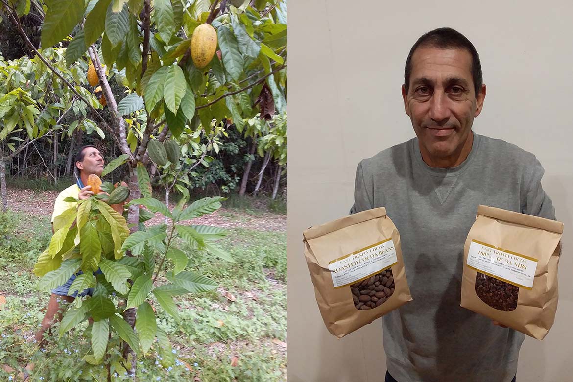 Laurence Marmara harvesting cocoa pods on the left and holding roasted cocoa beans on the right