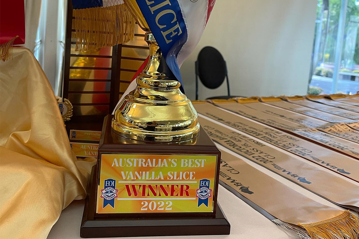 The Great Australian Vanilla Slice Triumph Merbein 2022 trophy sitting on a desk