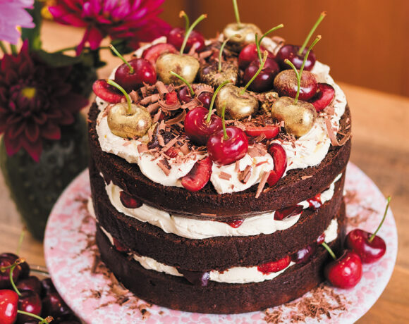 black forest cake decorated with red and gold cherries
