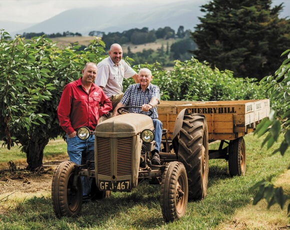 Cliff Risebourgh (right) with his sons Stephen (middle) and Glenn (left) from third‑generation family farm CherryHill Orchards (cherries)