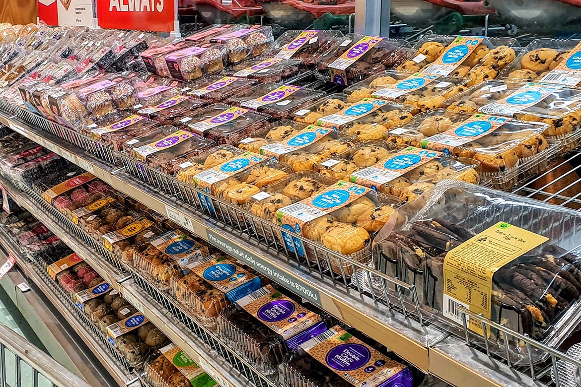 Walkerston, Queensland, Australia - September 15th 2019: Woolworths supermarket shelves stocked with baked goods for sale