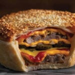 Banjo's Bakery Cafe will be opening on the Gold Coast. Oictured is the brand's double cheeseburger pie, cut open so you can see the filling. It sits on a wooden table.