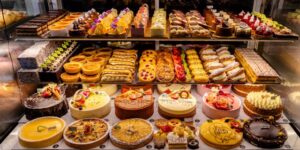 A baking cabinet at Gumnut Patisserie is loaded with colourful cakes and tarts