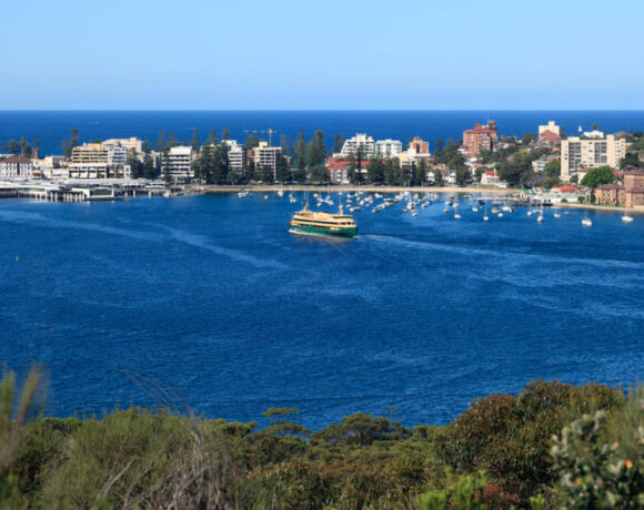 Picture is Manly from the national park. The sky is blue and the Manly ferry is pulling in.