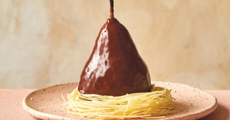 Poached pear with ginger chocolate ganache and white chocolate nests