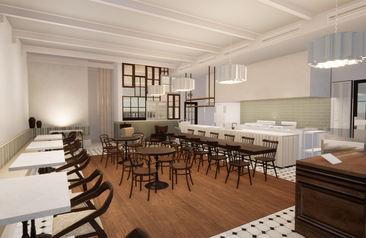 Pictured is a rendering of the Farina & Co interior. There is a wooden floor that changes to black and white tiling near the wooden counter. White walls and the white roof with small white tables and brown wooden chairs. A chandelier hangs from the ceiling.