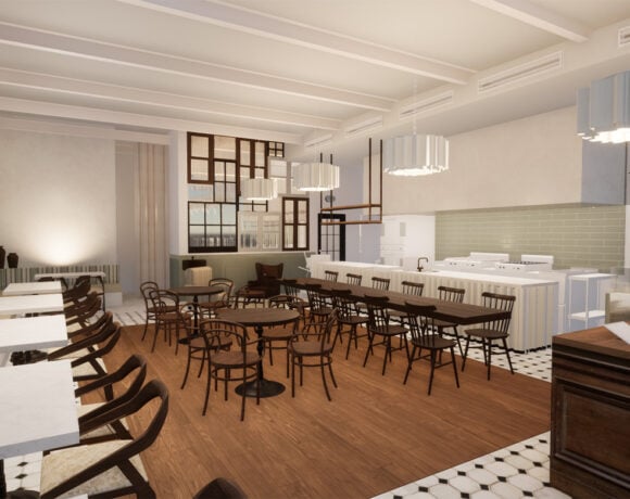 Pictured is a rendering of the Farina & Co interior. There is a wooden floor that changes to black and white tiling near the wooden counter. White walls and the white roof with small white tables and brown wooden chairs. A chandelier hangs from the ceiling.