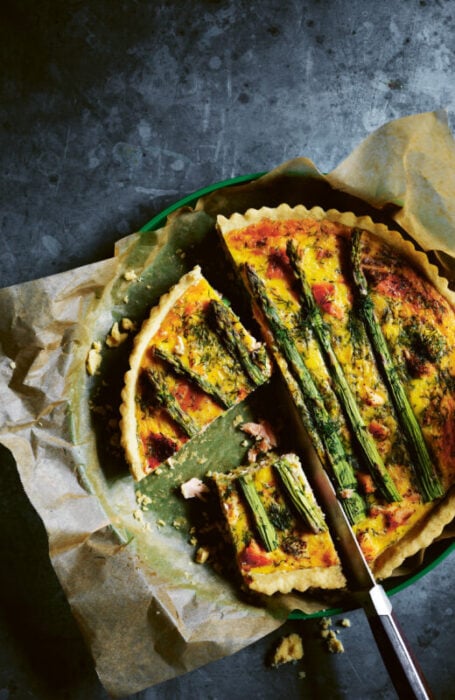 Hot-smoked salmon asparagus pea and leek quiche