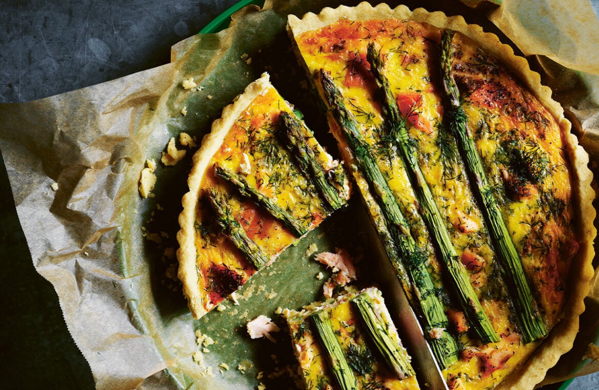 Hot-smoked salmon, asparagus, pea and leek quiche by Cherie Lyden