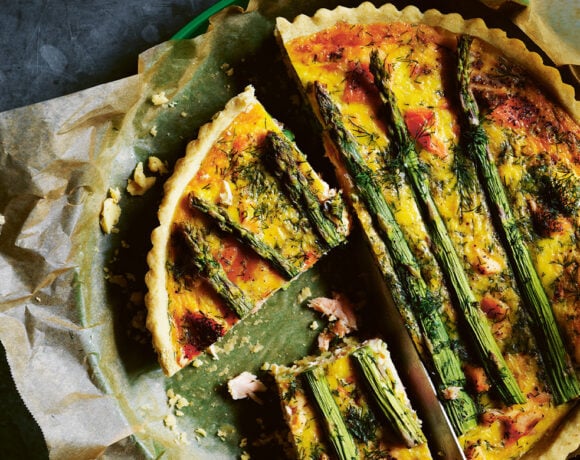 Hot-smoked salmon, asparagus, pea and leek quiche by Cherie Lyden