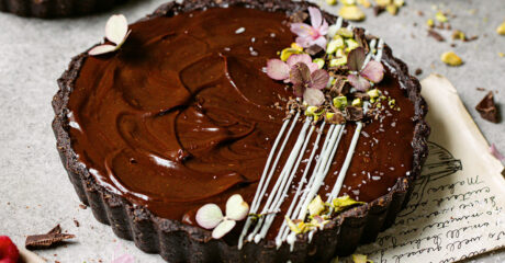 Chocolate Tarts with Caramel or Raspberry Sauce