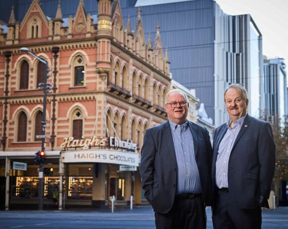 Simon and Alister Haigh outside the Haigh's Chocolates store