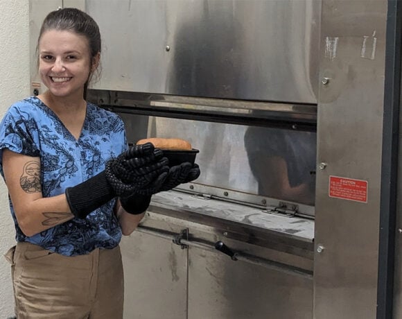 Maria Rottersman of UC Davis with loaf made without alpha-gliadin proteins