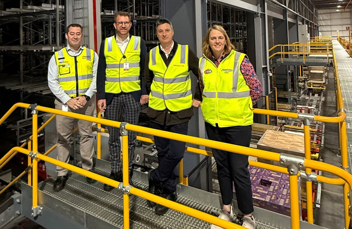 (L to R) Wayne Angus – Mondelēz Supply Chain Vice President, Australia, New Zealand, and Japan, Jens Schmale – Swisslog CEO, Dan Ulmamei – Swisslog Managing Director, ANZ, Anna Reid – Mondelēz Director Customer Service and Logistics, ANZ at the opening of the new Mondelez Distribution Centre