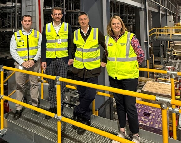 (L to R) Wayne Angus – Mondelēz Supply Chain Vice President, Australia, New Zealand, and Japan, Jens Schmale – Swisslog CEO, Dan Ulmamei – Swisslog Managing Director, ANZ, Anna Reid – Mondelēz Director Customer Service and Logistics, ANZ at the opening of the new Mondelez Distribution Centre