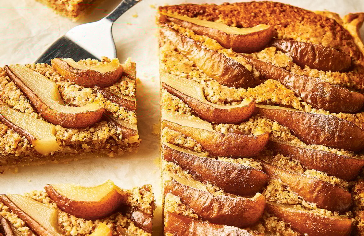 Pear and frangipane slab tart