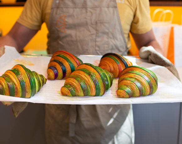 Matcha and white chocolate croissants
