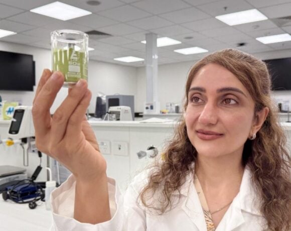 RMIT Researcher Dr Mahsa Majzzoobi with saltbush powder