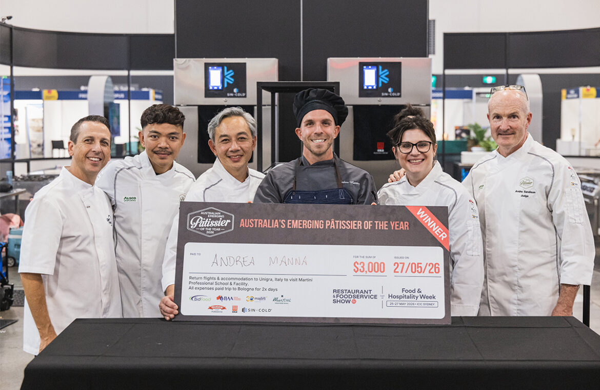Galerie Patisserie head pastry chef Andrea Manna with the judges, Glenn Flood, Miko Aspiras, Christopher Thé, Amy Sajinovic, and Andre Sandison