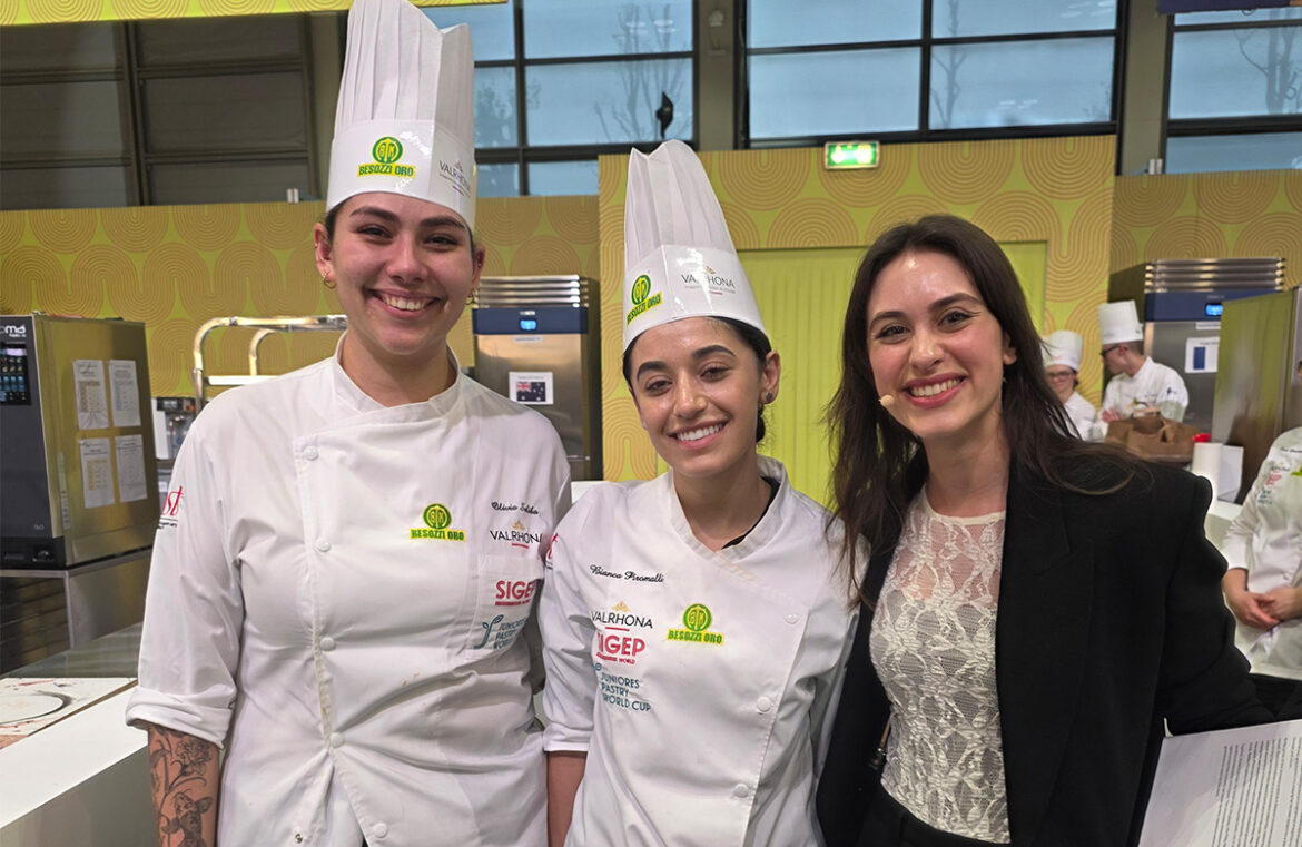 Olivia Saliba (left) and Bianca Piromalli (centre) competing at the 2026 Juniores Pastry World Cup