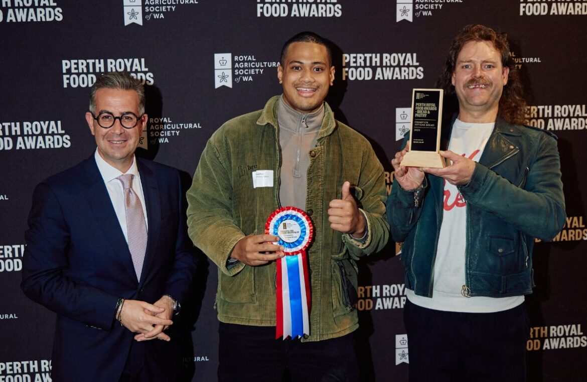Oliver Pownall of Millers Foods with Soane Fatai and Lachlan Bisset of Big Loaf Factory Bakery (Most Successful Bread Exhibitor)
