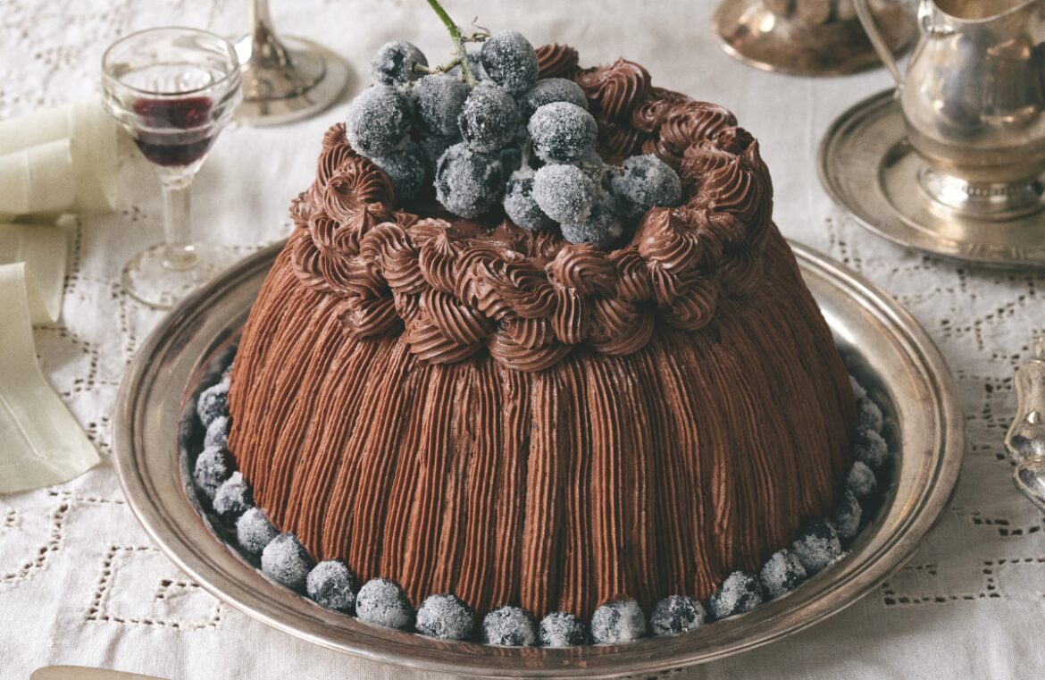 Red wine chocolate pear ginger dome cake
